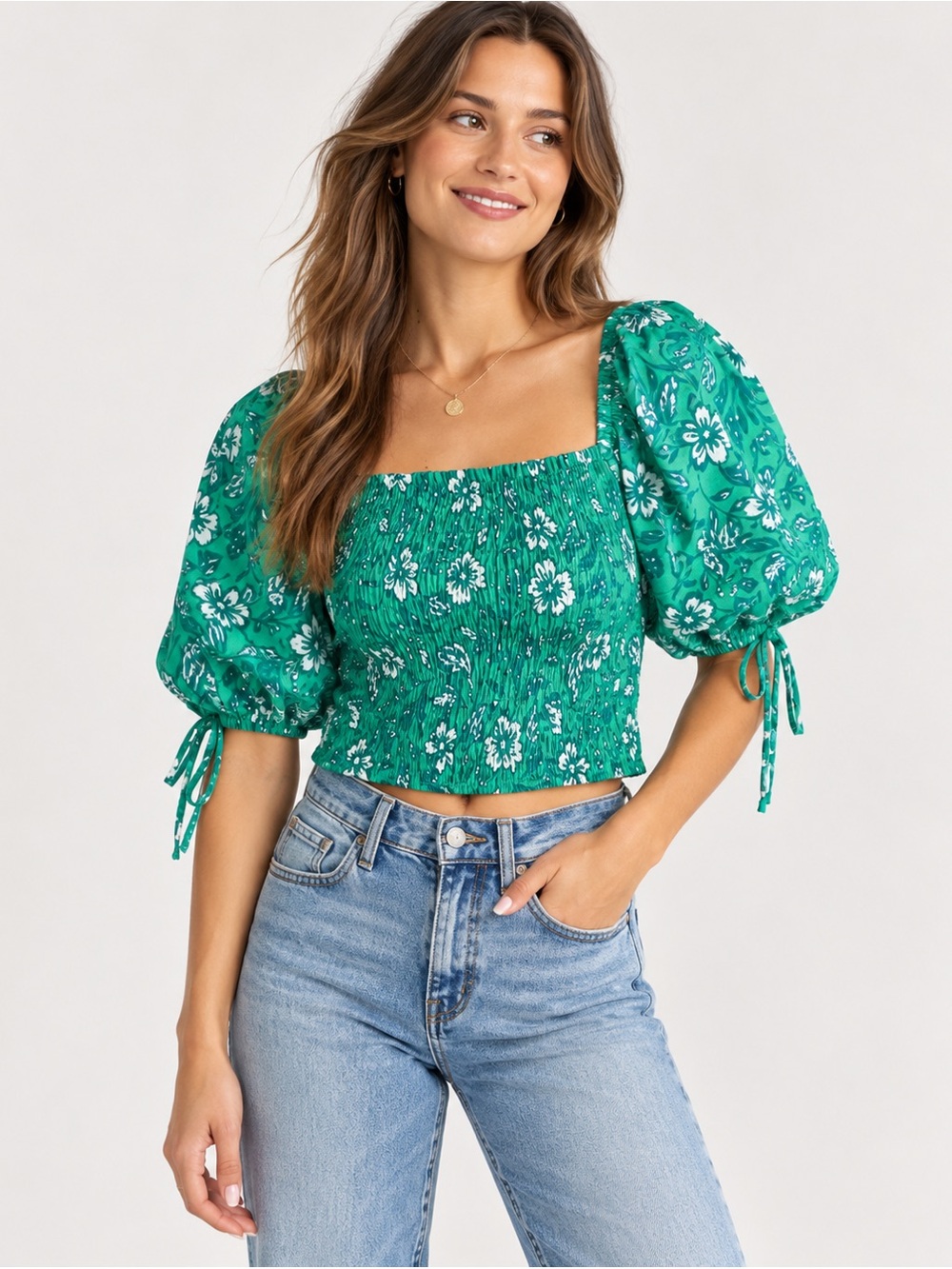 By Together Green Floral Smocked Puff Sleeve Top Size Small
